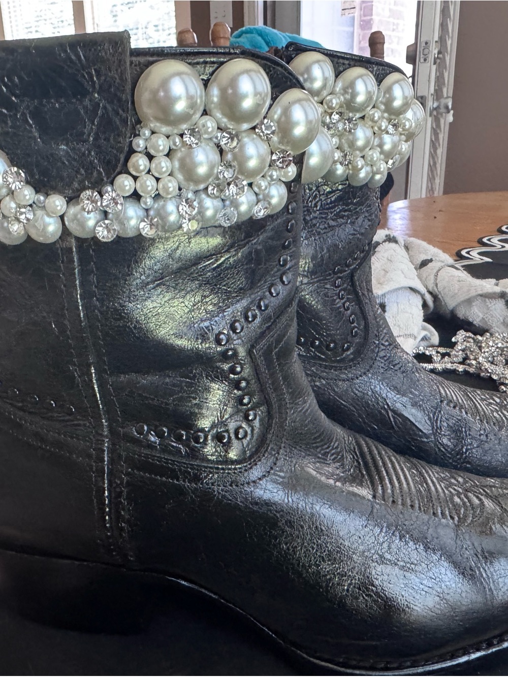 Pearl Black Leather Heeled Boots with Pearl and rhinestone Embellishment - Picture 4 of 6